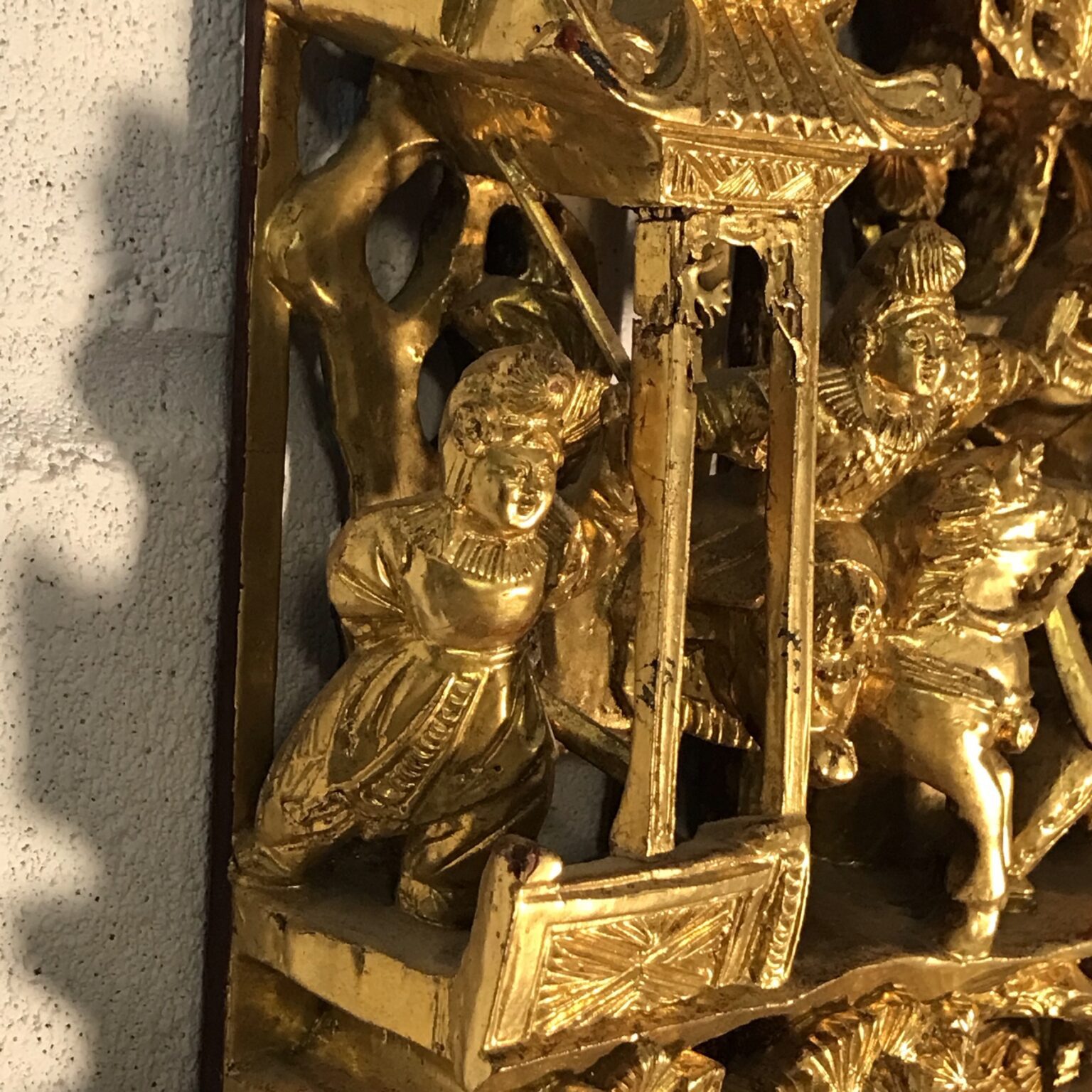 Chinese gilded temple carving of warriors Treasure Antique & Appraisers