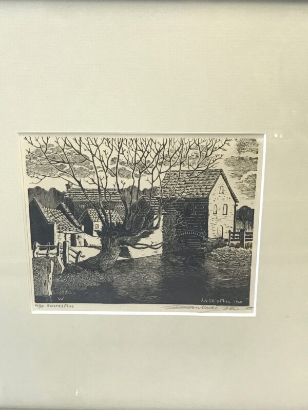 Antique wood engraving by Dan Watson, " Anstey Mill 1940"