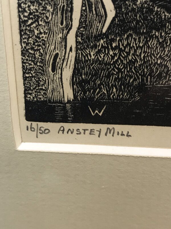 Antique wood engraving by Dan Watson, " Anstey Mill 1940"