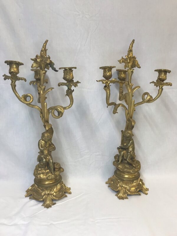 Pair of French Dore Bronze Cherub Putti Figural Louis XVI Candelabras