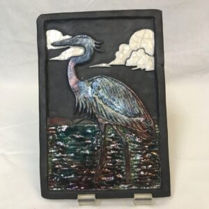 Enameled Clay art of Heron, Signed J. Smith