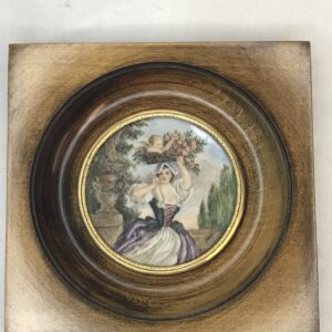 Hand Painted Miniature of Young Woman Carrying a Basket of Flowers with Cherub