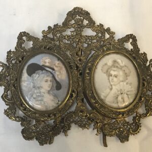 Hand Painted Miniatures of Two Young Beauties in Double Brass Frame