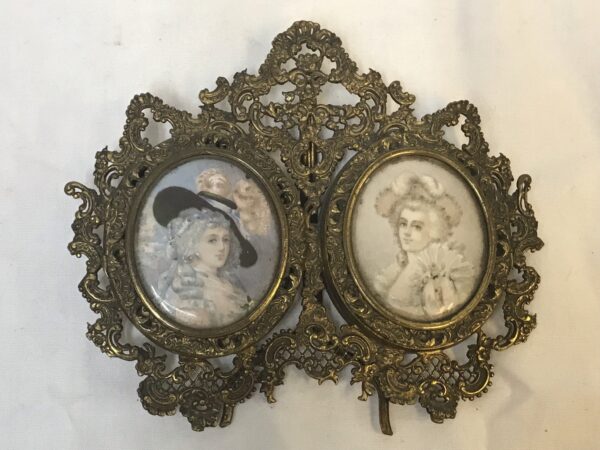 Hand Painted Miniatures of Two Young Beauties in Double Brass Frame