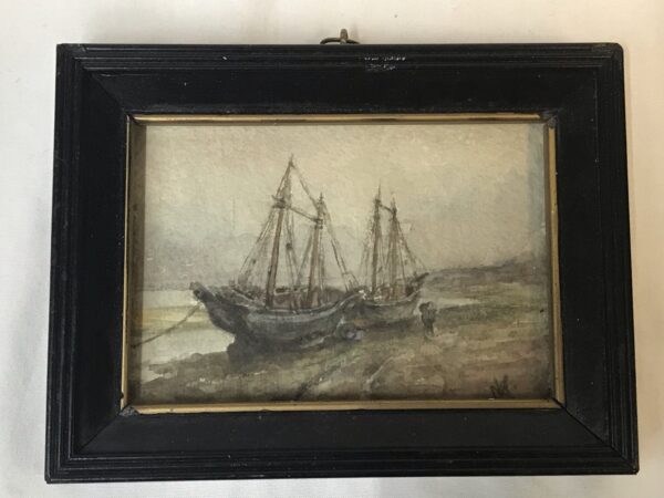 Antique Watercolour Coastal Scene of Fishing Boats, Dutch School, Signed MK