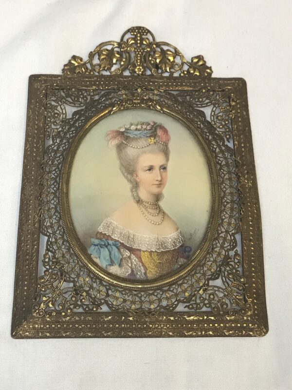 Hand PHand Painted Miniatures of Young Beauty in Pierced Brass Frame, Signed M. Posnerainted Miniatures of Young Beauty in Pierced Brass Frame