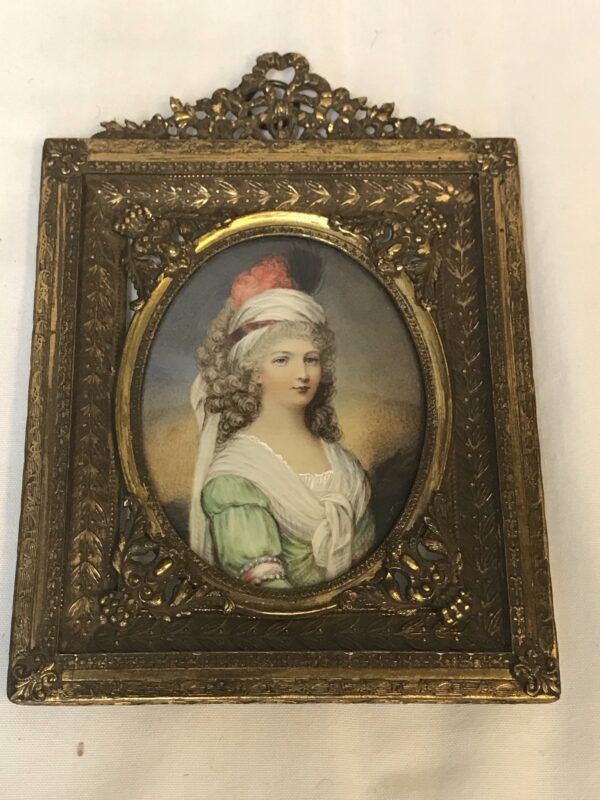 Hand Painted Miniatures of Young Beauty in Pierced Brass Frame, Signed Fuyer