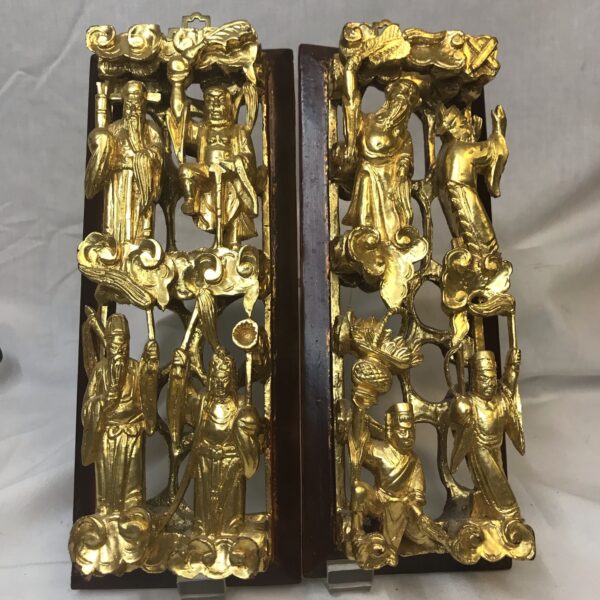 Pair of Chinese Gilded Temple Carving of Immortals
