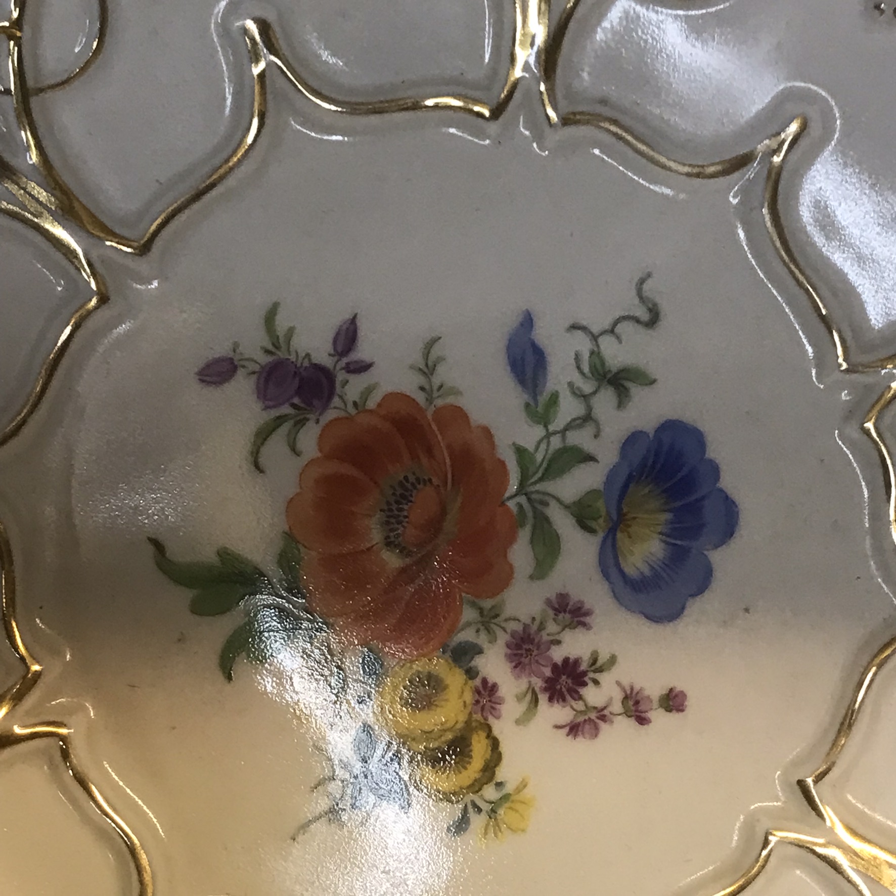 Antique Meissen hand painted gilt leaf plate
